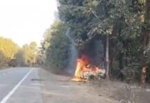 चलती कार में लगी आग,कूदकर चालक ने बचाई जान